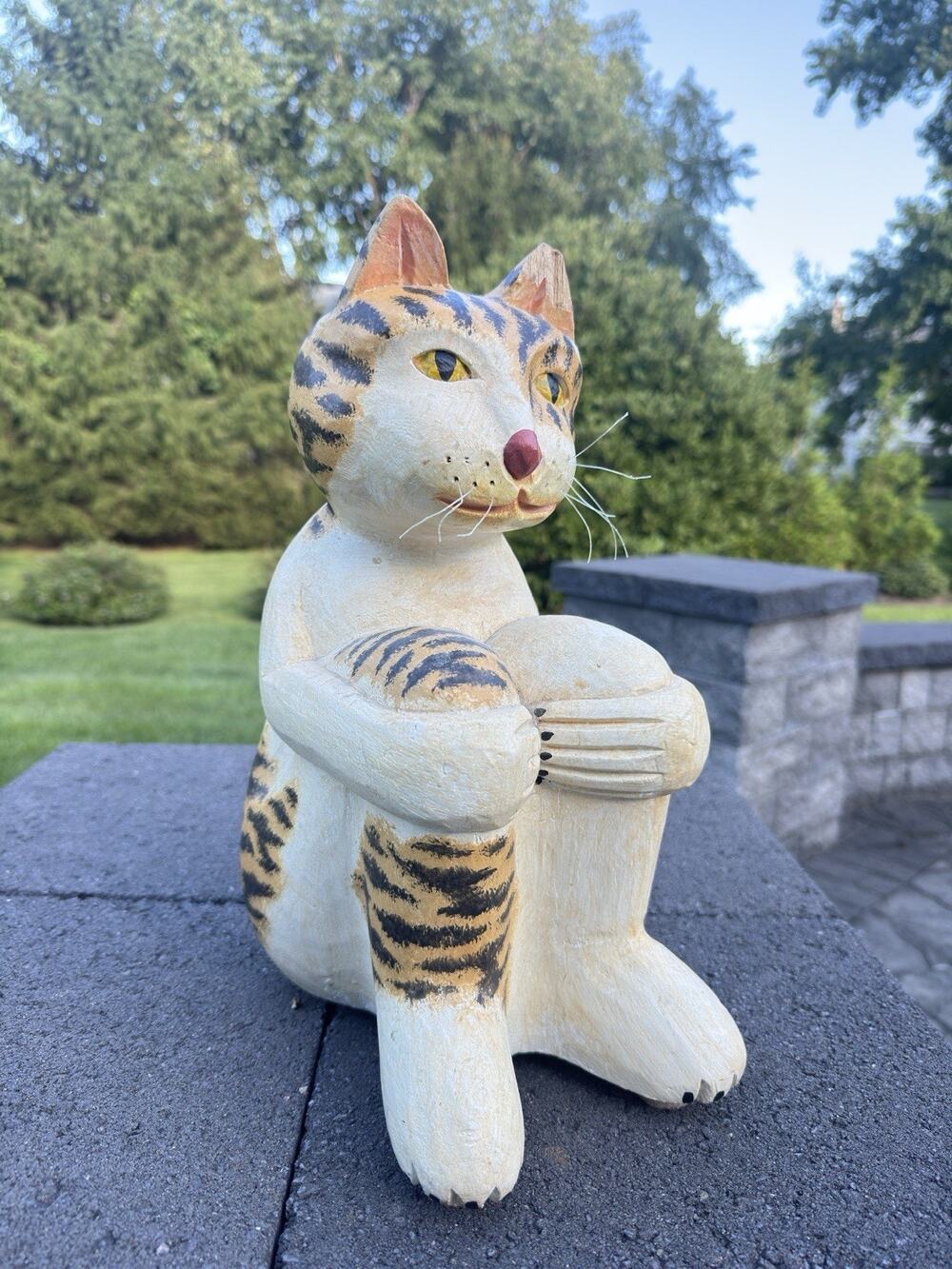 Hand Carved Painted Wooden Folk Art Figurine Seated Tabby Cat Statue 15"